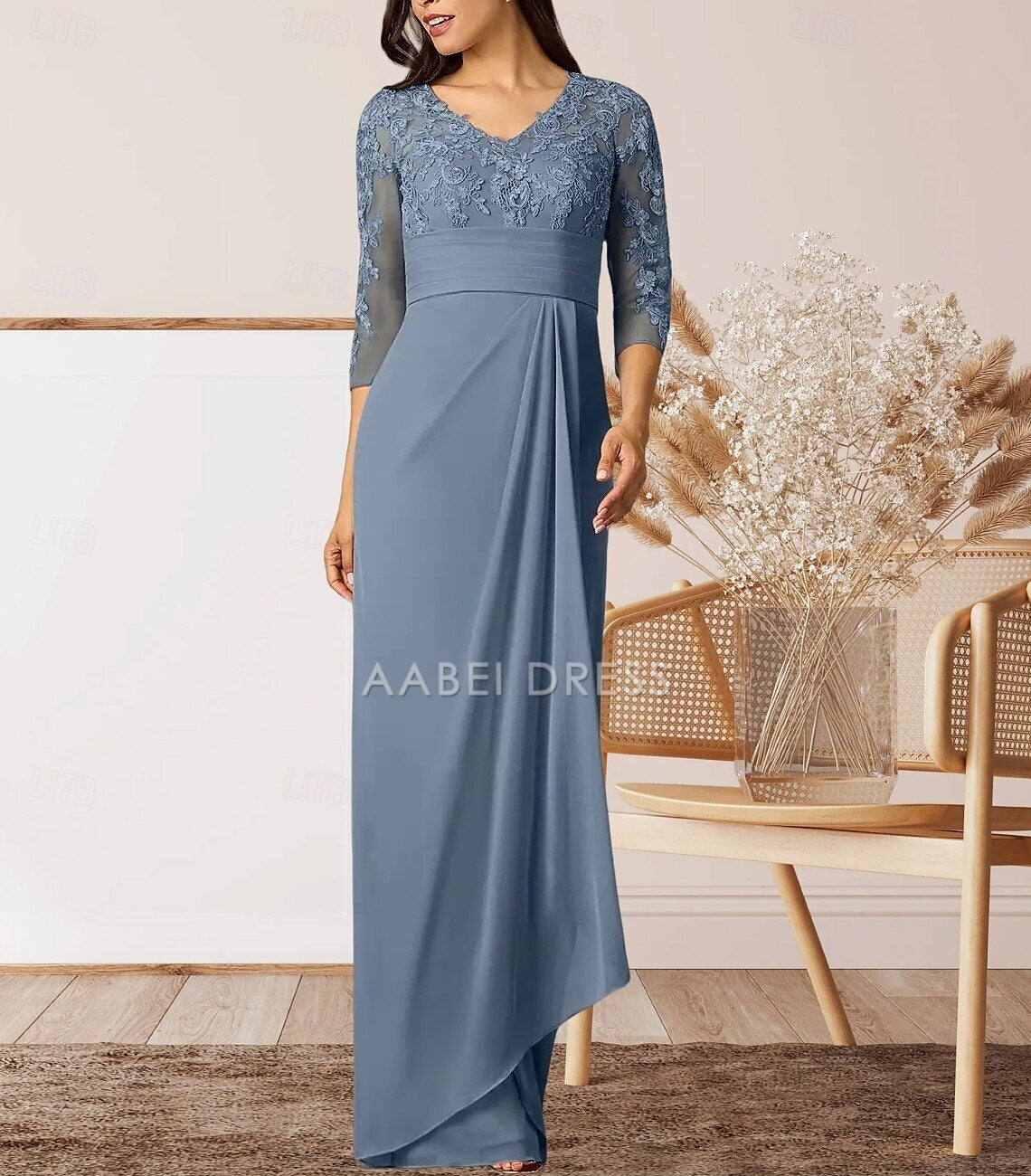 AABEI DRESS Wedding Guest Dress Elegant Sheath V Neck 3/4 Length Sleeve High Split Floor Length with Ruffles Appliques Ruching Mother of the Bride Dress