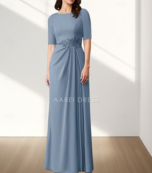 AABEI DRESS Wedding Guest Dress Exquisite A-Line Crew Neck Half Sleeve Appliques Ruching Floor Length Elegant Mother of the Bride Dress