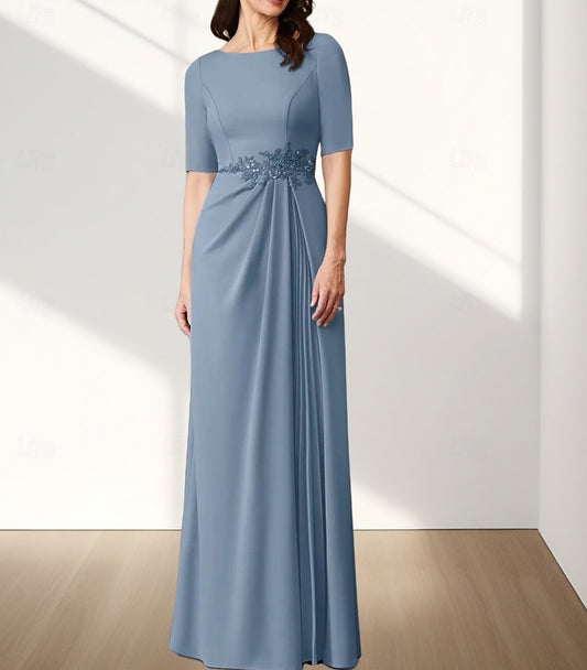AABEI DRESS Wedding Guest Dress Exquisite A-Line Crew Neck Half Sleeve Appliques Ruching Floor Length Elegant Mother of the Bride Dress