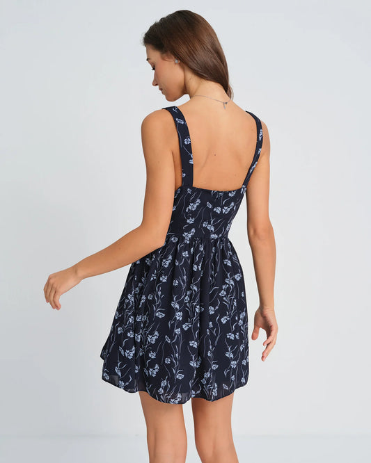 Dark Navy with Light Blue Floral Print Chiffon A-Line Above Knee Dress Back View - Aabei Dress