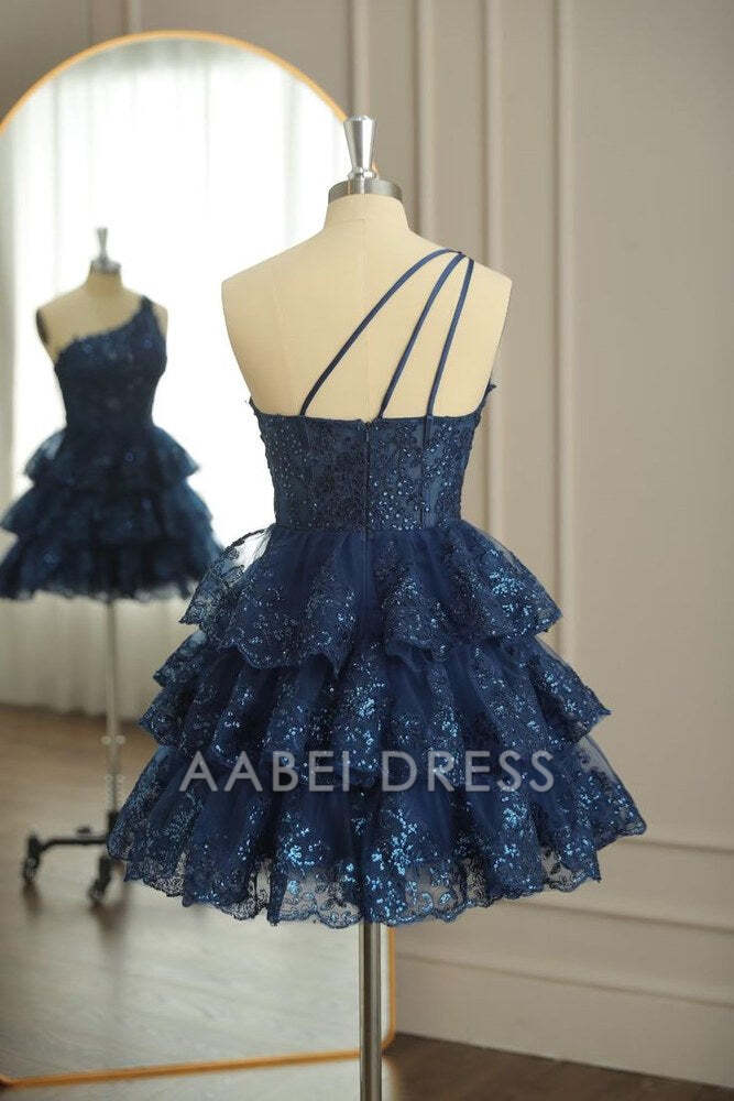 AABEI DRESS New Homecoming Dress Exquisite A Line One Shoulder Appliques Multi-Layers Sparkle Short Prom Dresse