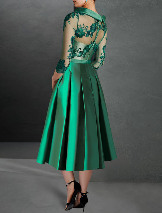A-Line Cocktail Dress Christmas Red Green Dresses Formal Kentucky Derby Tea Length 3/4 Length Sleeve Jewel Neck Fall Wedding Guest Satin with Pleats Appliques Mother of the Bride Dresses
