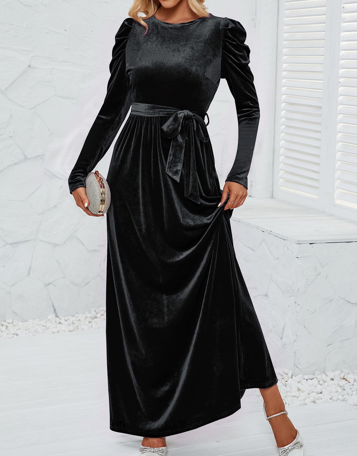 Evening Dress Women's Velvet Maxi Dress Long Puff Sleeve Crew Neck Formal Wear Dresses Wedding Guest Dress