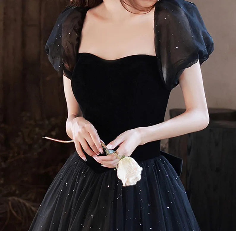 Evening Dress Sweetheart Neck Puff Sleeve Tulle Sequin Longuette Fantastic Elegant Formal Wear Dresses