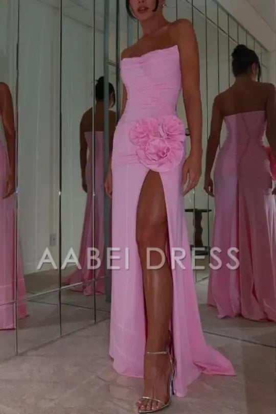 AABEI DRESS Prom Dress Elegant Strapless Scoop Neck Pleated Flower with Slit Exquisite Formal Dress