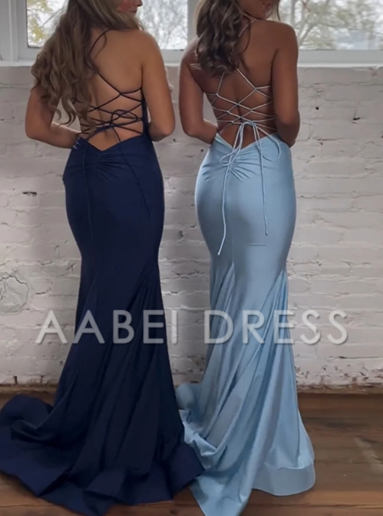 AABEI DRESS Prom Dress Pretty Mermaid Spaghetti Straps Lace Up Back Long Satin Elegant Formal Dress