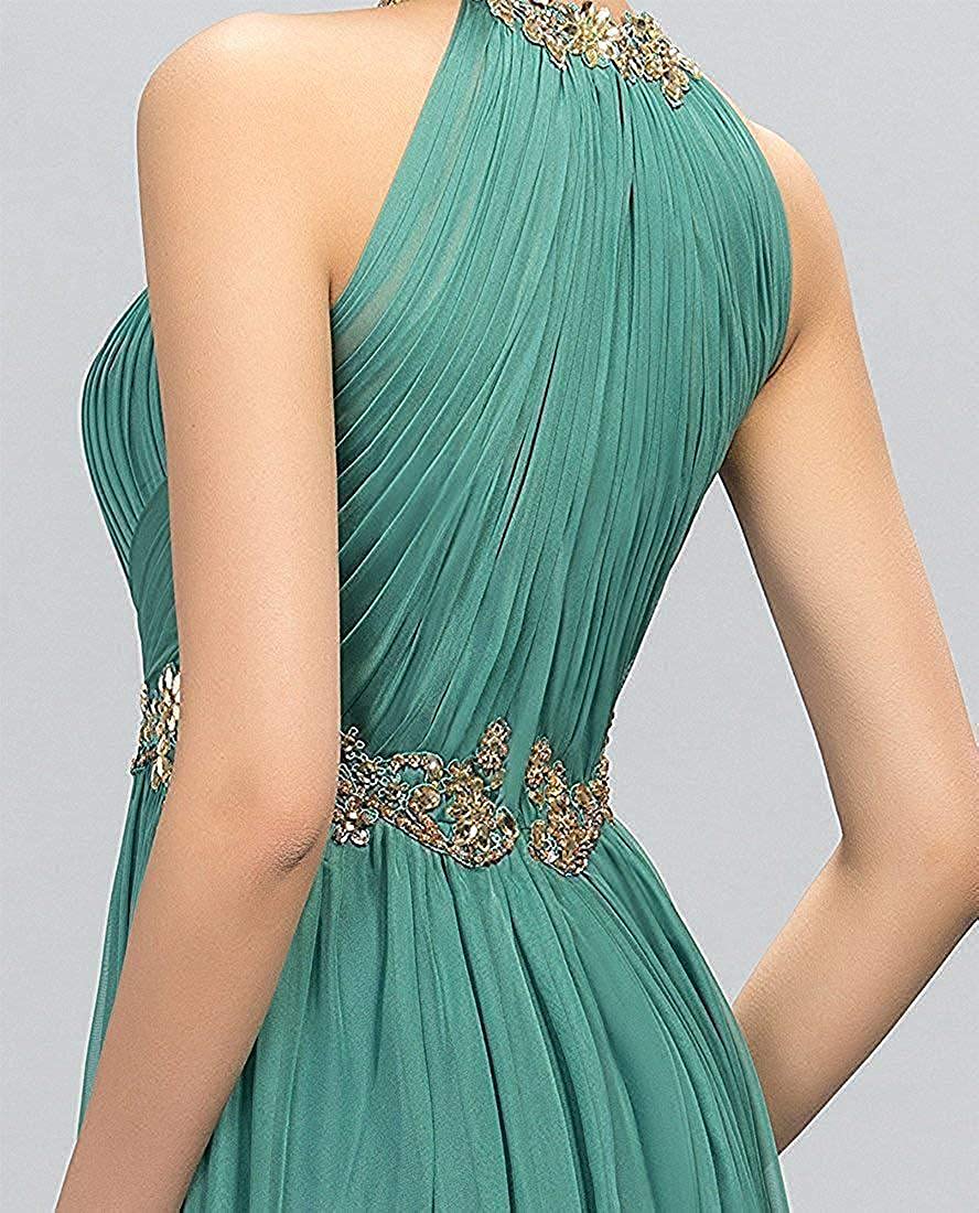 A-Line Minimalist Sparkle Wedding Guest Formal Evening Dress Halter Neck Sleeveless Floor Length Chiffon with Pleats Crystals