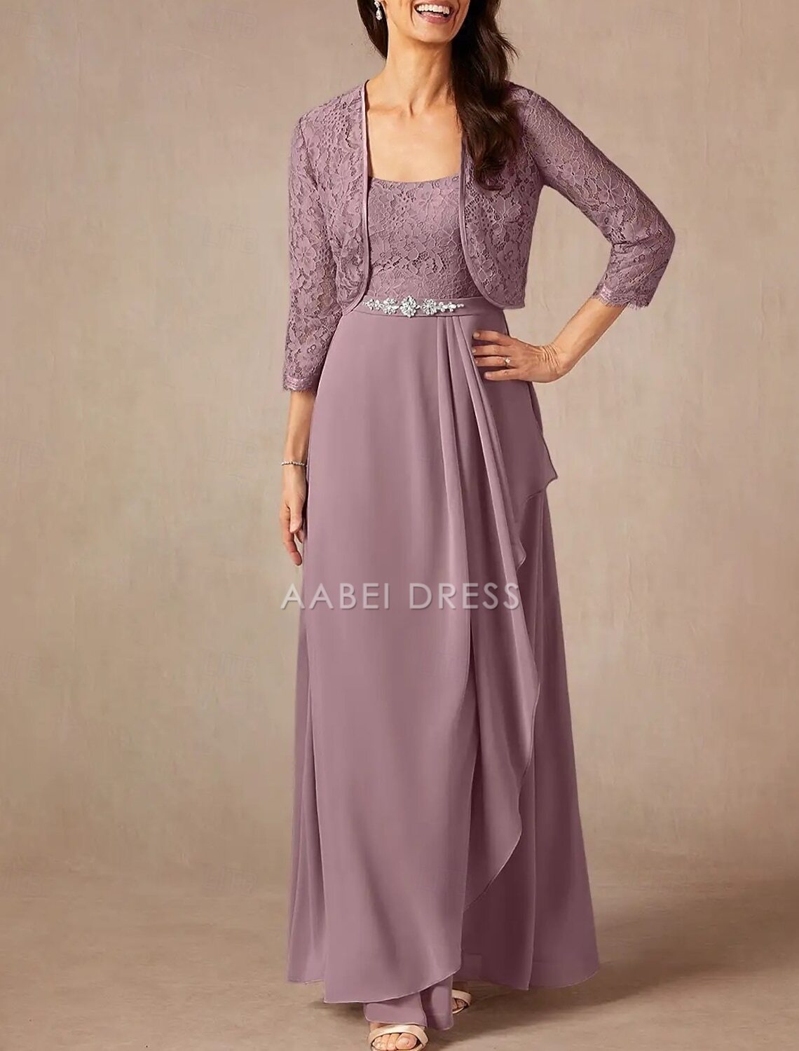 AABEI DRESS Wedding Guest Dress Two Piece A-Line Sweet Crew Neck 3/4 Length Sleeve Floor Length Lace Beading Ruffles Elegant Mother of the Bride Dress