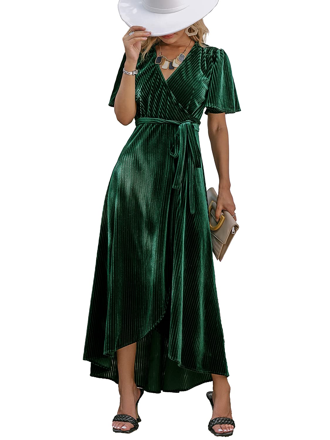 Evening dress Women's A-Line Velvet V Neck Short Flare Sleeve Cocktail Party Maxi Dress Elegant Formal Wear Dresses Wedding Guest Dress