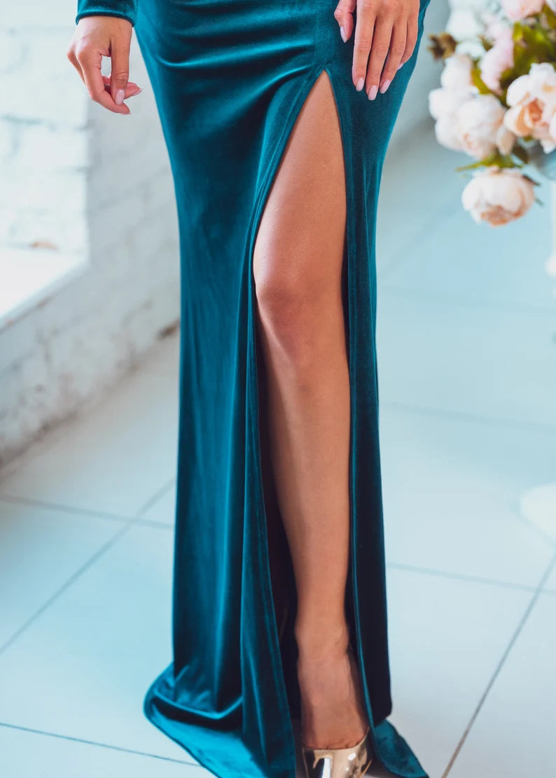 Evening Dress Velvet Dress V Neck Bodycon Dress Long sleeves Pleated Side Fork Long dress Formal Dresses Wedding Guest Dress