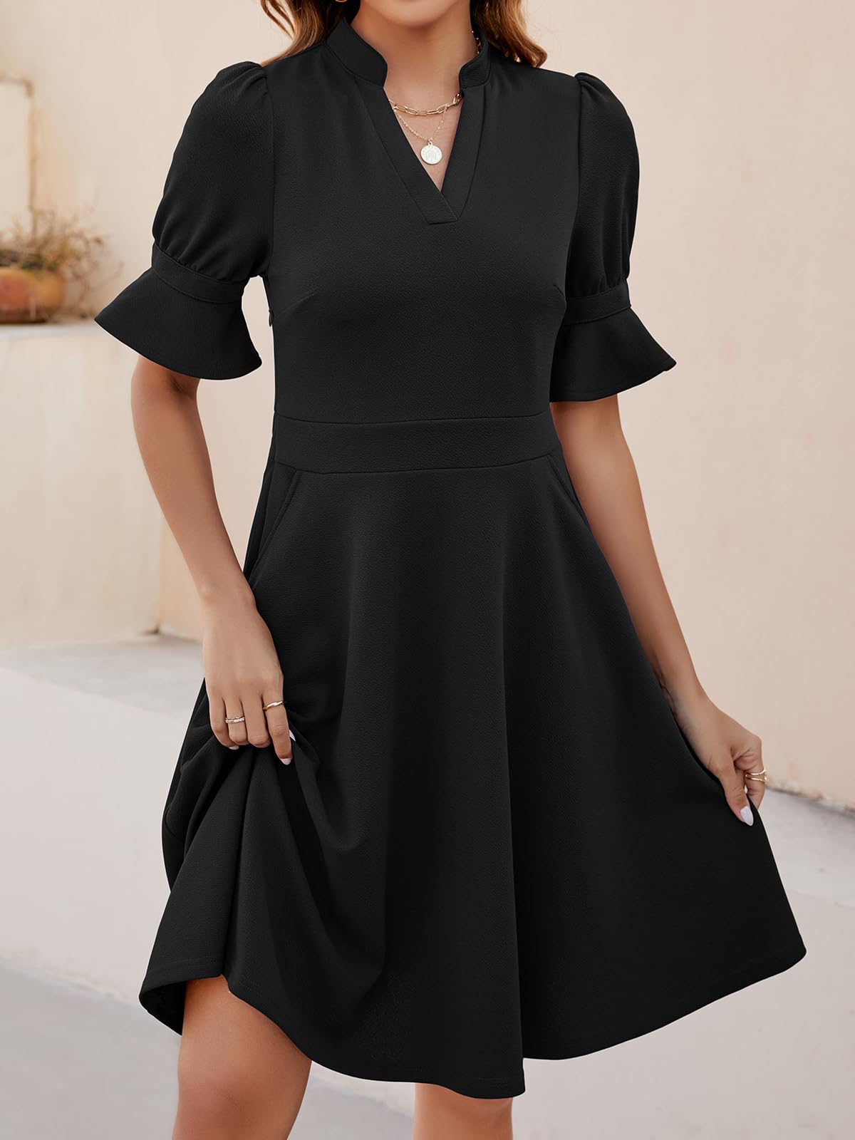 Evening Dress Womens V Neck Ruffle Short Sleeve Fit and Flare Knee Length Dresses with Pockets Formal Wear Dresses Wedding Guest Dress