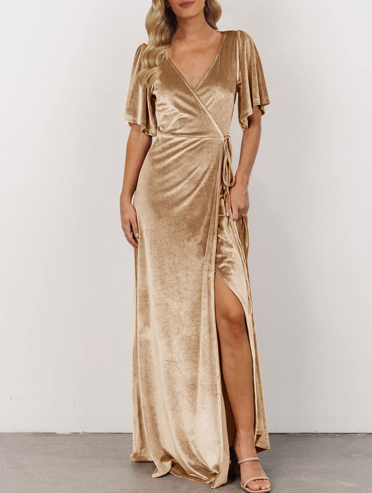 Evening Dress Women's V Neck Wrap Velvet Maxi Dress Slim Wrap Tie Waist Formal Wear Dresses Wedding Guest Dress