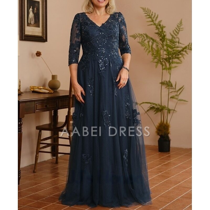 AABEI DRESS Wedding Guest Dress Elegant A-Line V Neck 3/4 Length Sleeve Floor Length Lace Applique Tulle Sparkle Mother of the Bride Dress