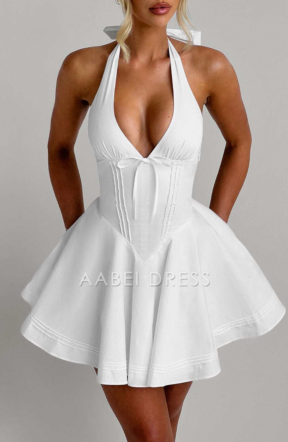 AABEI DRESS Hot Sale Homecoming Dress Cute A Line Halter straps Plunge neckline Backless Mini Dress Retro Short Prom Dresse