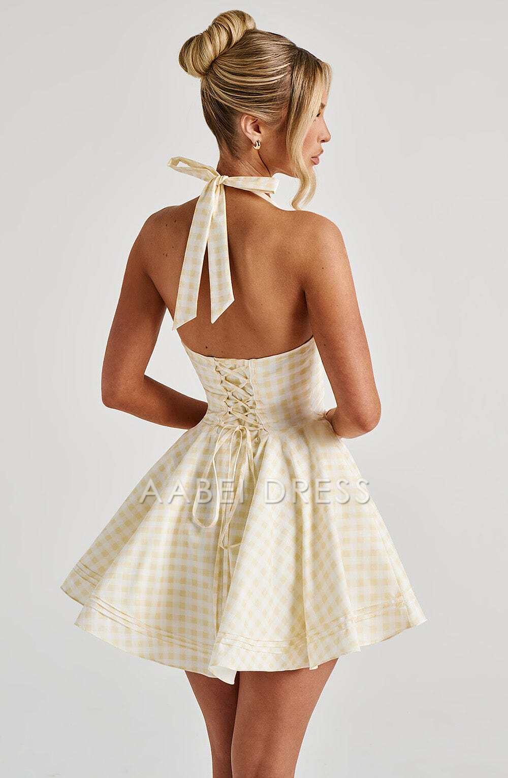 AABEI DRESS Hot Sale Homecoming Dress Retro Halter Straps Plunge Neckline Backless Grid Mini Dress Cute Short Prom Dresse