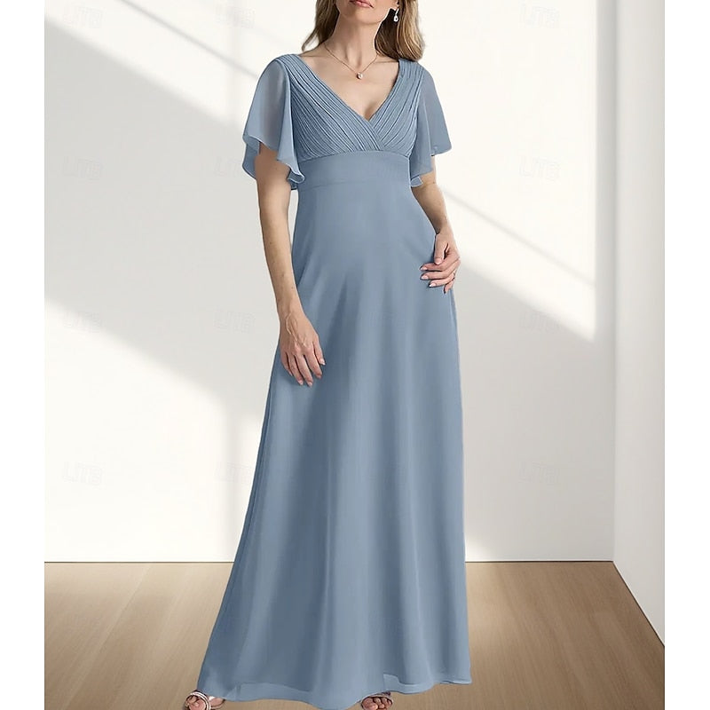 AABEI DRESS Wedding Guest Dress Elegant A-Line V Neck Floor Length Chiffon Short Sleeve with Ruching Simple Mother of the Bride Dress
