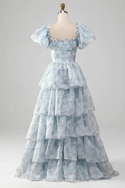 Dusty Blue Floral Organza Tiered Square-Neck Zipper-Back Floor-Length Dress Back View - Aabei Dress