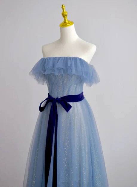 Dusty Blue Glitter Tulle A-Line Off-the-Shoulder Zipper-Back Floor-Length Dress - Aabei Dress