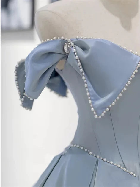 Dusty Blue Satin A-Line Off-the-Shoulder Back Zip Floor-Length Dress - Aabei Dress