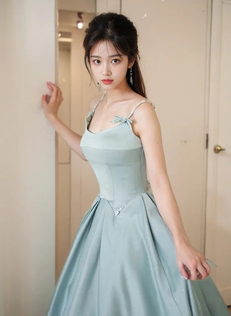 Dusty Blue Satin A-Line Scoop Neck Low-Back Floor-Length Dress - Aabei Dress