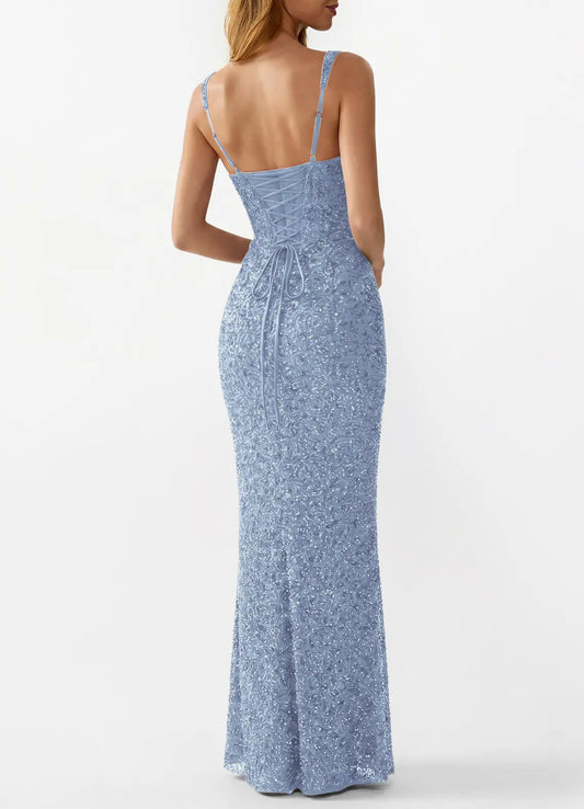 Dusty Blue Sequin Sheath-Column Square Neck Lace-Up Floor-Length Dress Back View - Aabei Dress