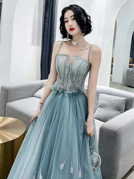 Dusty Blue Tulle & Lace A-Line Straight Across Zipper Back Floor-Length Dress - Aabei Dress