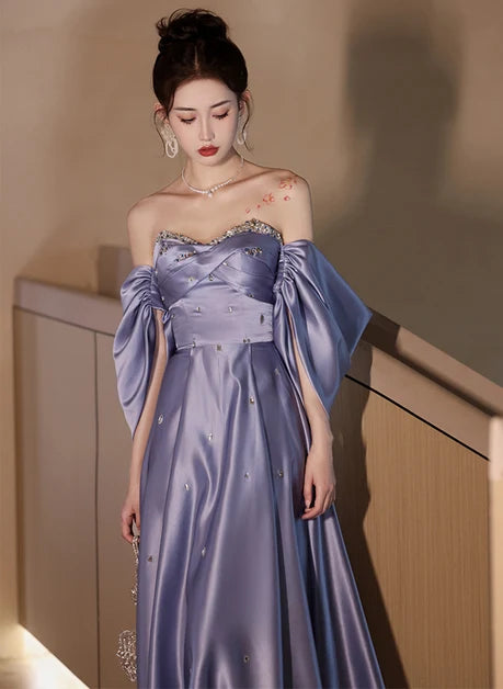 Dusty Lavender Satin A-Line Sweetheart Lace-up-back Floor-Length Dress - Aabei Dress
