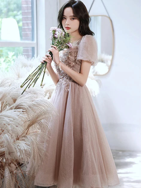 Dusty Rose Glitter Tulle A-Line Square Neck Lace-Up Back Tea-Length Dress - Aabei Dress
