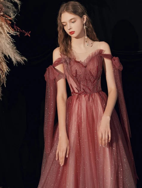 Dusty Rose Glitter Tulle A-Line Sweetheart Lace-Up Back Floor-Length Dress - Aabei Dress