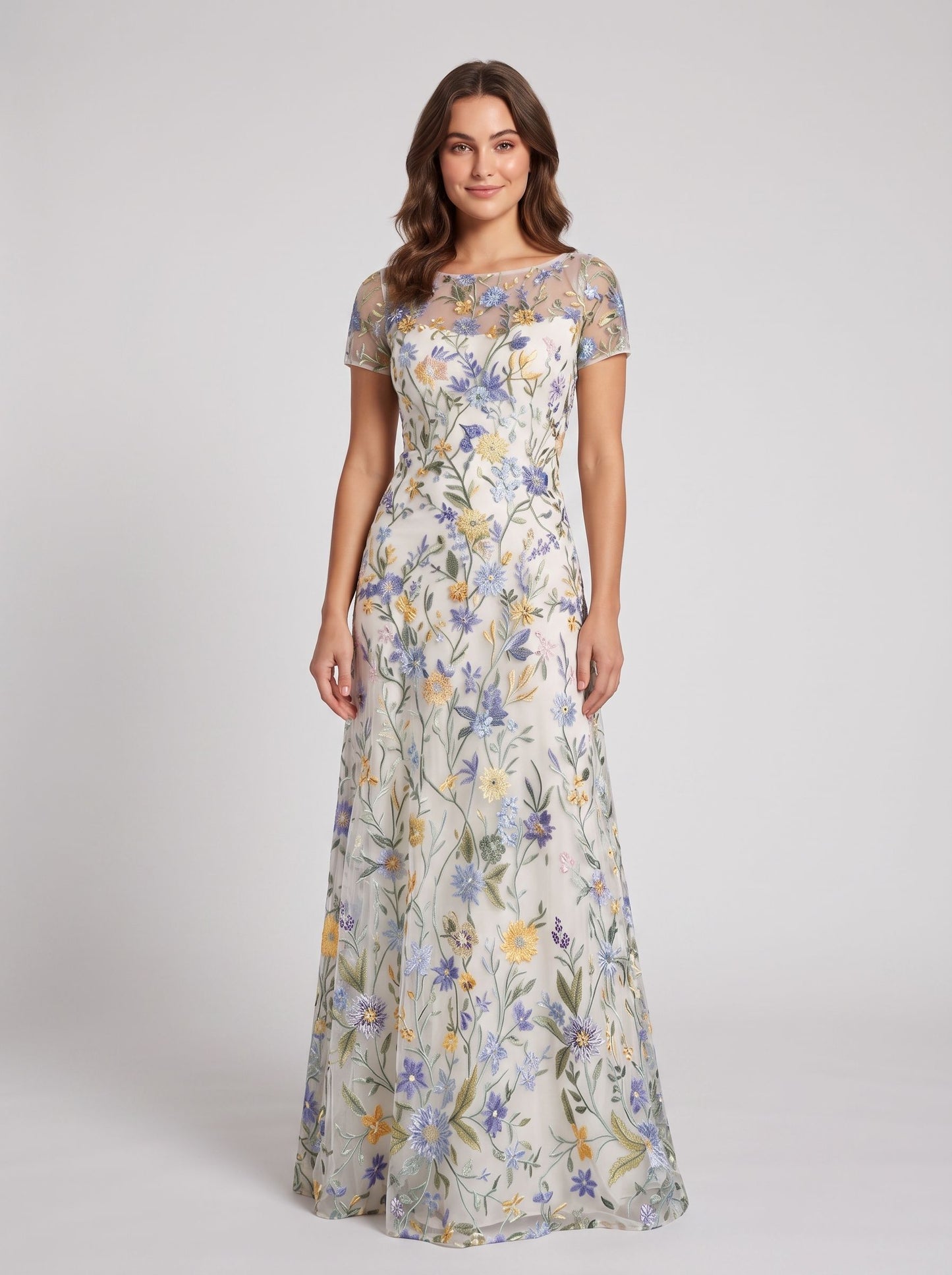 Dusty Sage Embroidered Tulle A-Line Boat Neck Zipper Back Floor Length Dress - Aabei Dress