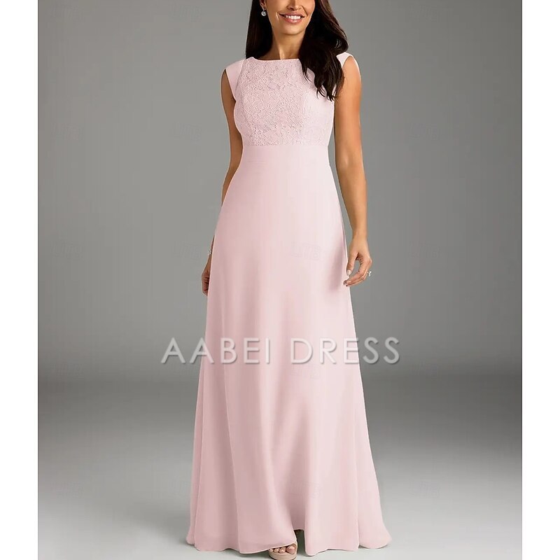 AABEI DRESS Wedding Guest Dress Elegant A-Line Crew Neck Cap Sleeve Floor Length Lace Buttons Simple Mother of the Bride Dress