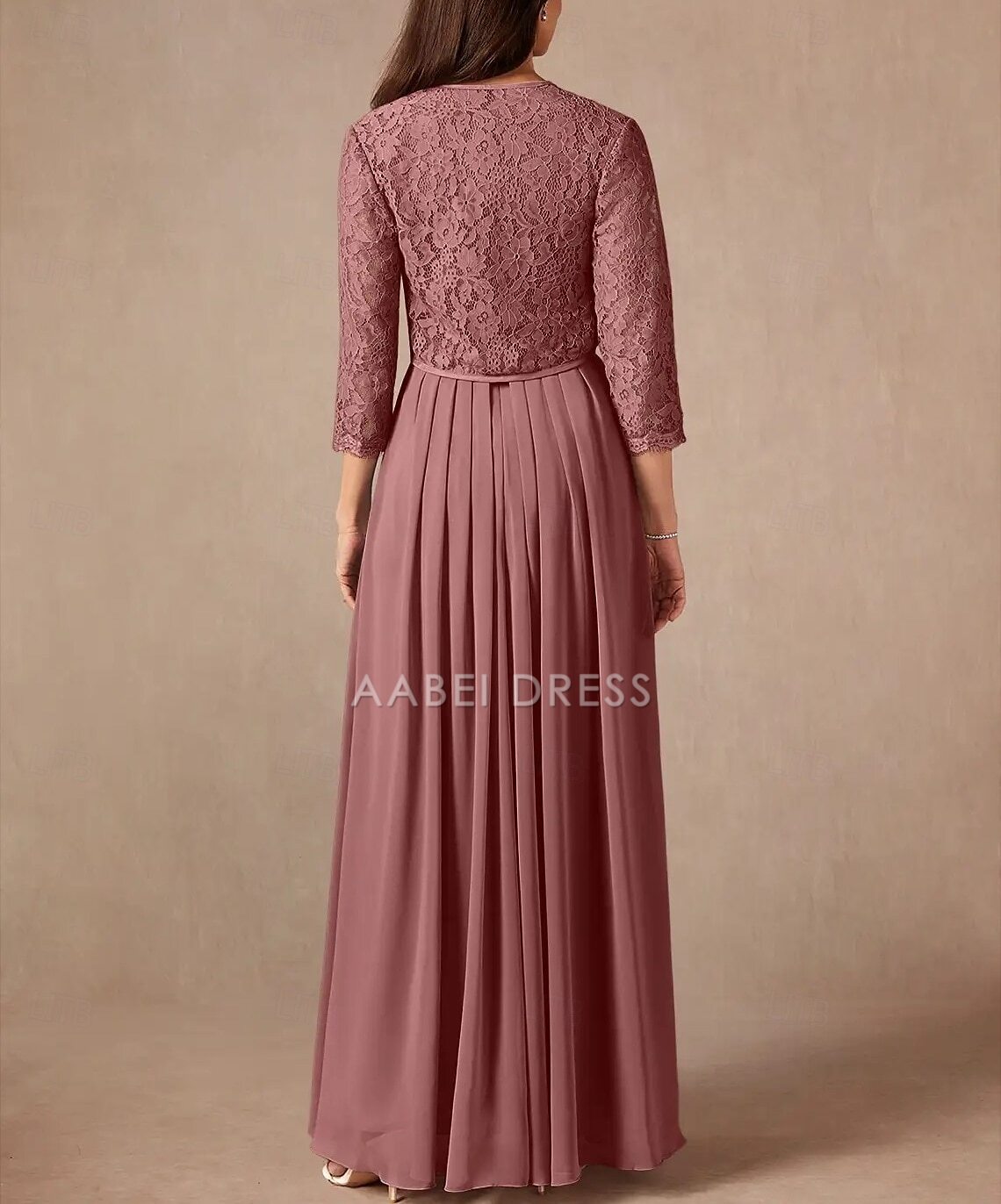 AABEI DRESS Wedding Guest Dress Two Piece A-Line Sweet Crew Neck 3/4 Length Sleeve Floor Length Lace Beading Ruffles Elegant Mother of the Bride Dress