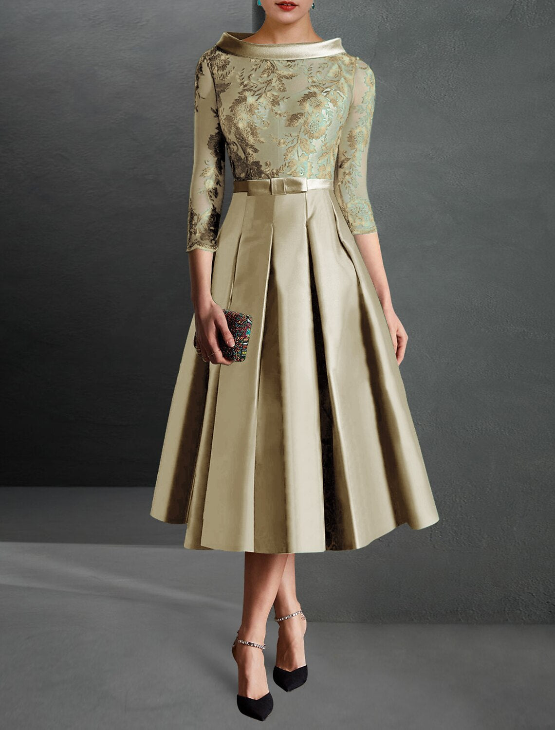 A-Line Cocktail Dress Christmas Red Green Dresses Formal Kentucky Derby Tea Length 3/4 Length Sleeve Jewel Neck Fall Wedding Guest Satin with Pleats Appliques Mother of the Bride Dresses