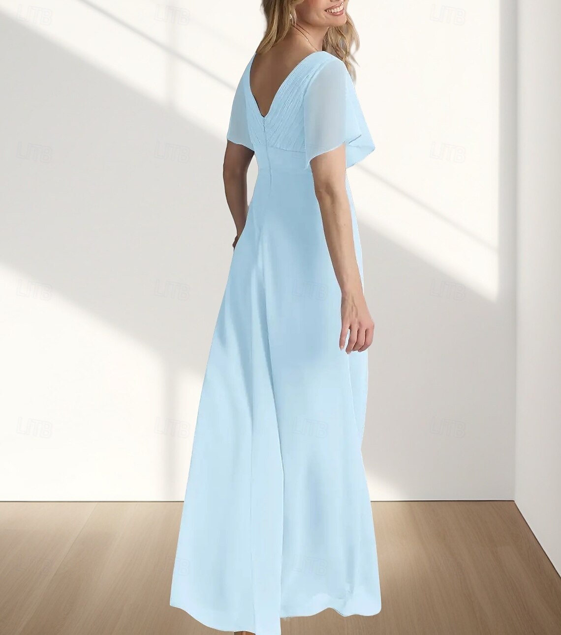 AABEI DRESS Wedding Guest Dress Elegant A-Line V Neck Floor Length Chiffon Short Sleeve with Ruching Simple Mother of the Bride Dress