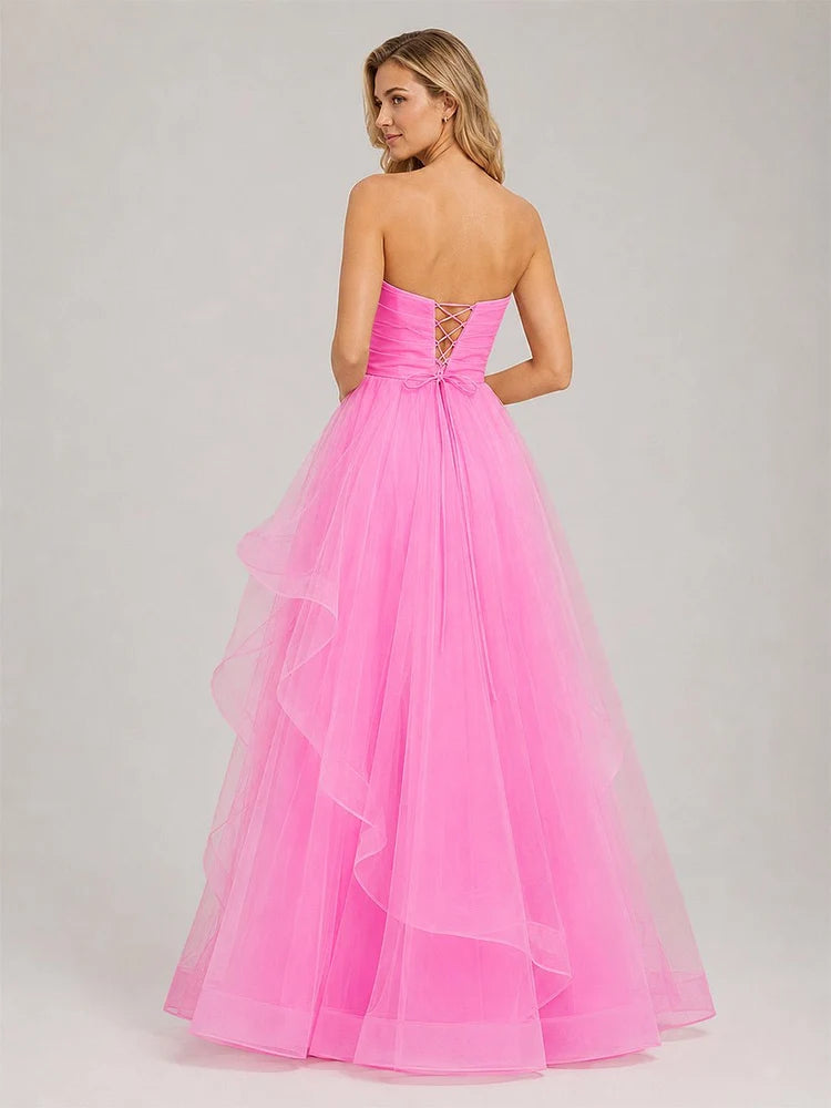 Pink Tulle A-Line Straight-Across Lace-Up Back Floor-Length Dress