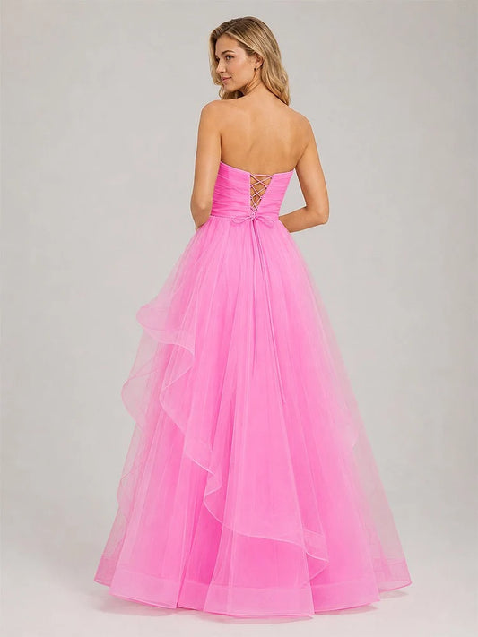 Pink Tulle A-Line Straight-Across Lace-Up Back Floor-Length Dress