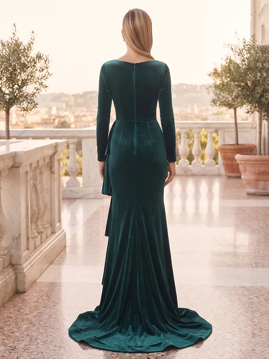 Emerald Green Velvet mermaid v-neck zipper-back floor-length Dress Back View - Aabei Dress