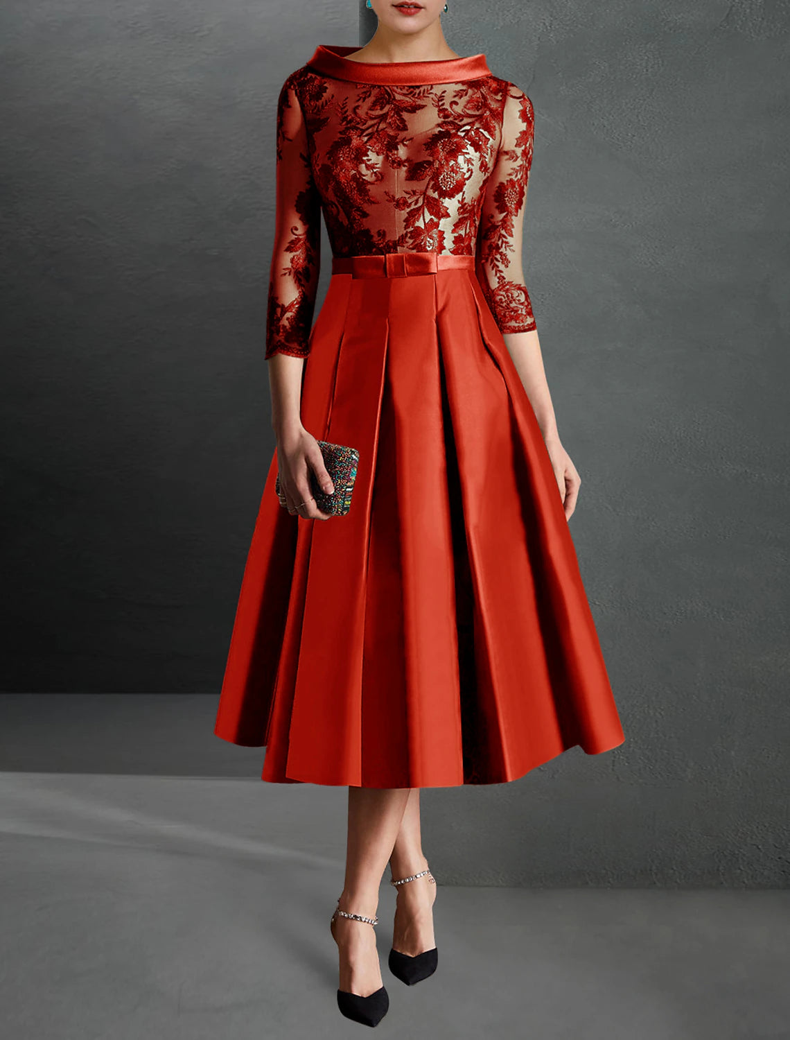 A-Line Cocktail Dress Christmas Red Green Dresses Formal Kentucky Derby Tea Length 3/4 Length Sleeve Jewel Neck Fall Wedding Guest Satin with Pleats Appliques Mother of the Bride Dresses