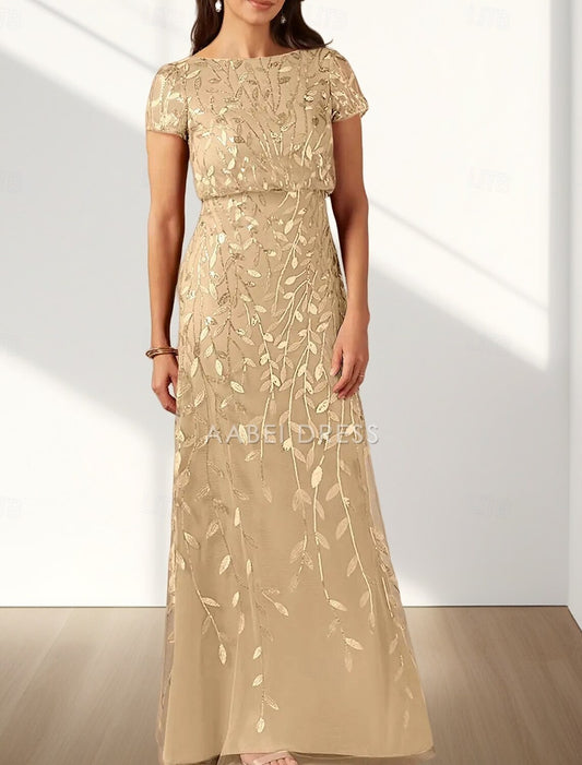 AABEI DRESS Wedding Guest Dress Elegant A-Line Crew Neck Short Sleeve Lace Floor Length Mother of the Bride Dress