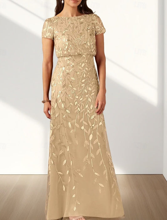 AABEI DRESS Wedding Guest Dress Elegant A-Line Crew Neck Short Sleeve Lace Floor Length Mother of the Bride Dress