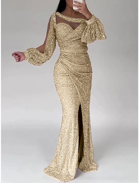 Mermaid Dress Evening Gown Christmas Red Green Dress Formal Sweep / Brush Train Long Sleeve Scoop Neck Sequined with Glitter Ruched Slit