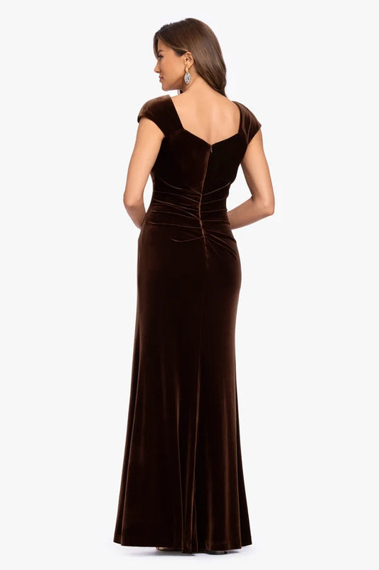 Espresso Brown Velvet sheath-column off-the-shoulder floor-length Dress Back View - Aabei Dress