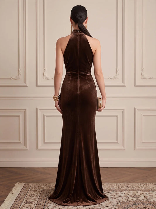 Espresso Velvet Mermaid Halter Zipper Back Floor-Length Dress Back View - Aabei Dress