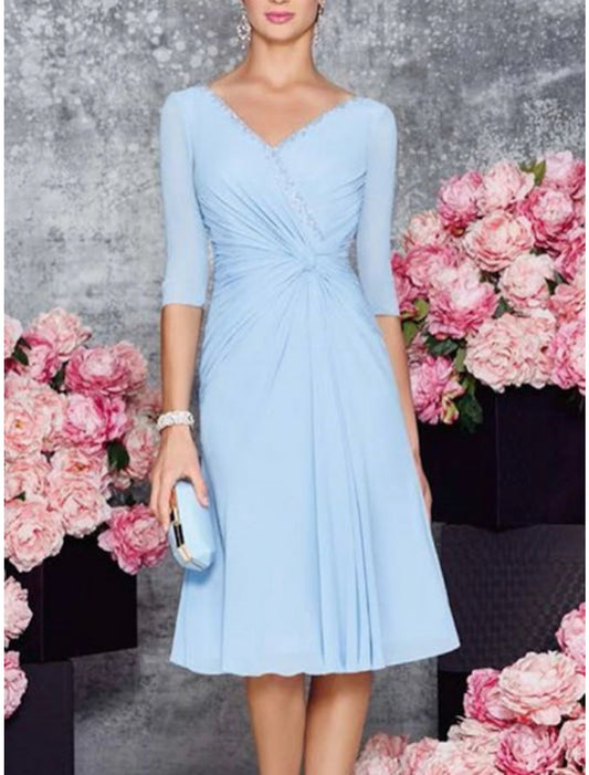 Wedding Guest Elegant Party Petite V Neck Knee Length Chiffon Lace Half Sleeve with Solid Color Mother of the Bride Dress