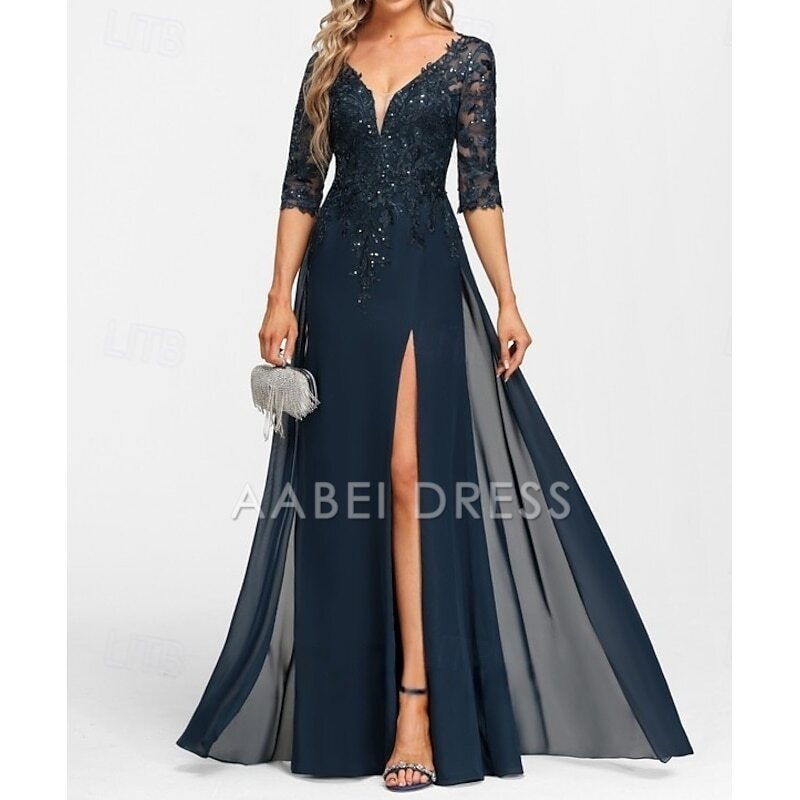 AABEI DRESS Wedding Guest Dress Exquisite A-Line V Neck Half Sleeve with Appliques Split Front Floor Length Mother of the Bride Dress