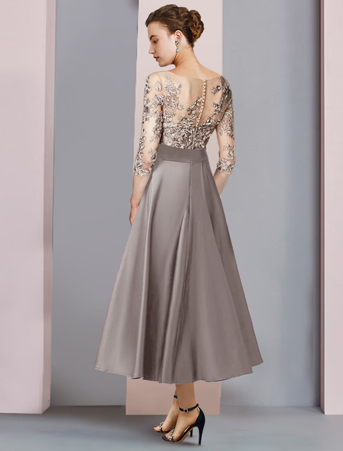 Two Piece A-Line Mother of the Bride Dress Formal Church Party Elegant Scoop Neck Tea Length Satin Lace Half Sleeve with Appliques