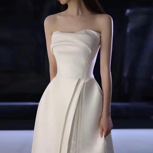 Wedding Dress French Style Strapless Satin Romantic Long Formal Wear Dresses