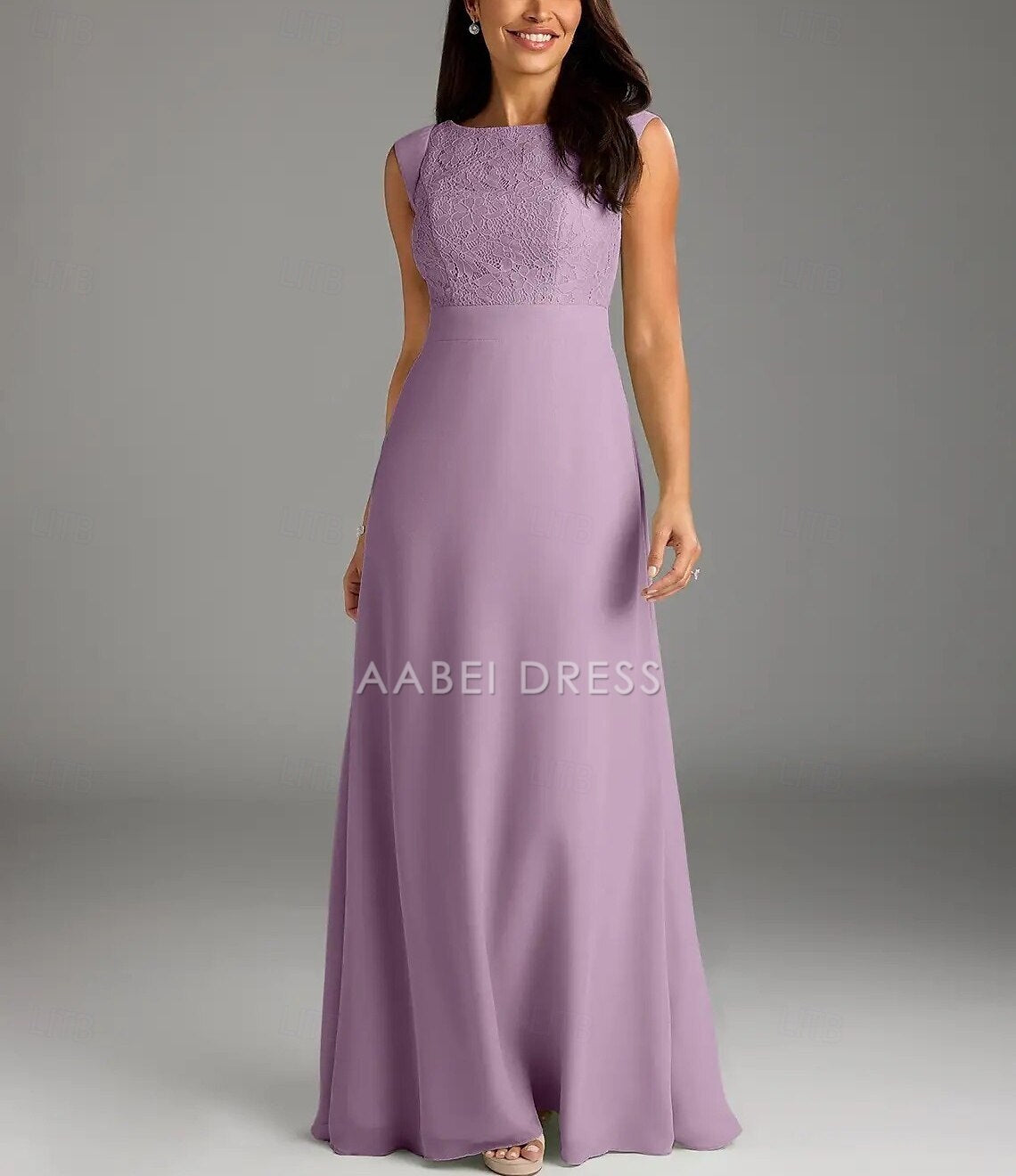 AABEI DRESS Wedding Guest Dress Elegant A-Line Crew Neck Cap Sleeve Floor Length Lace Buttons Simple Mother of the Bride Dress