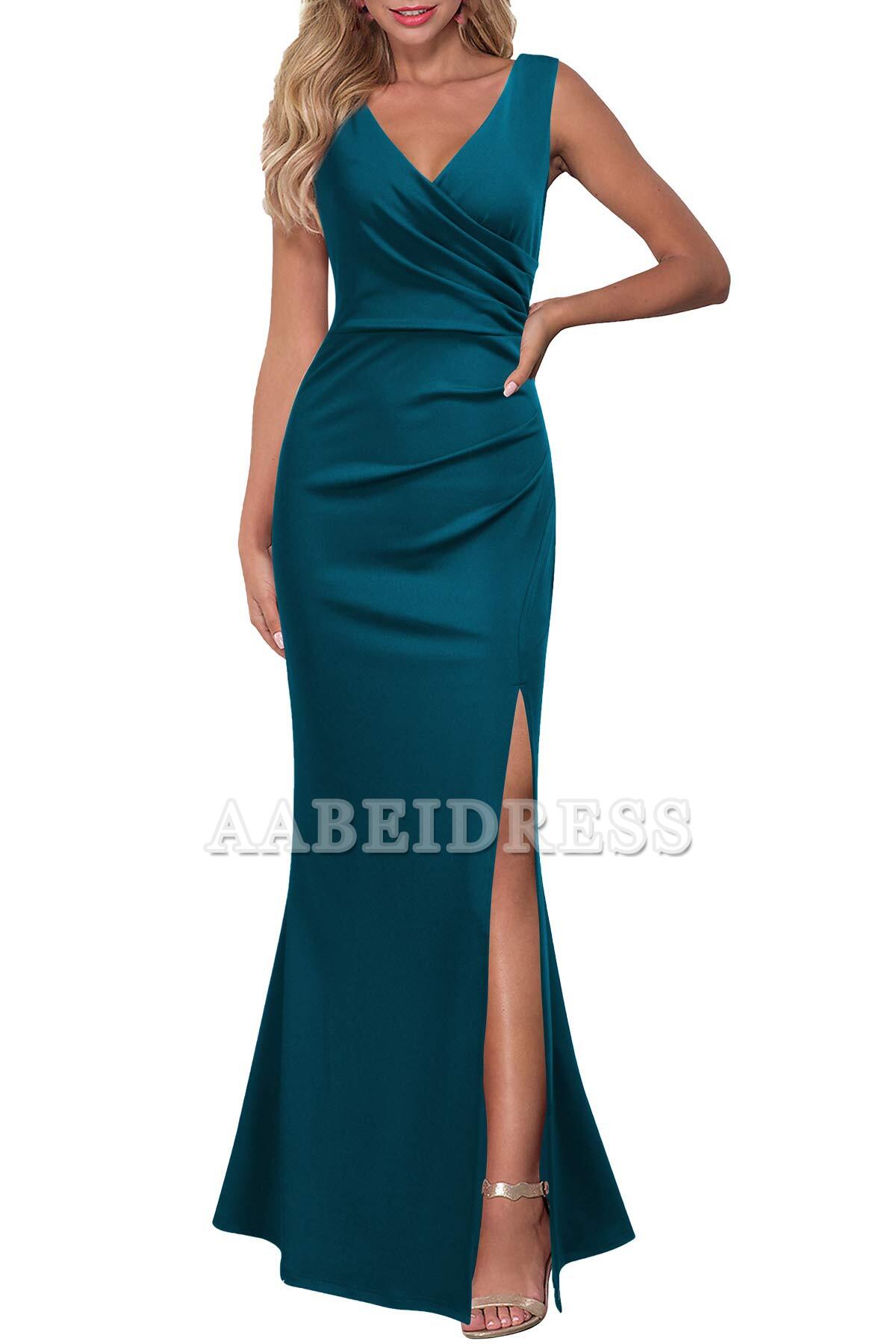Prom Dress V Neck Sleeveless Pleated Side Fork Evening Cocktail Long Dress Wedding Guest Dresses Formal Wear Dresses