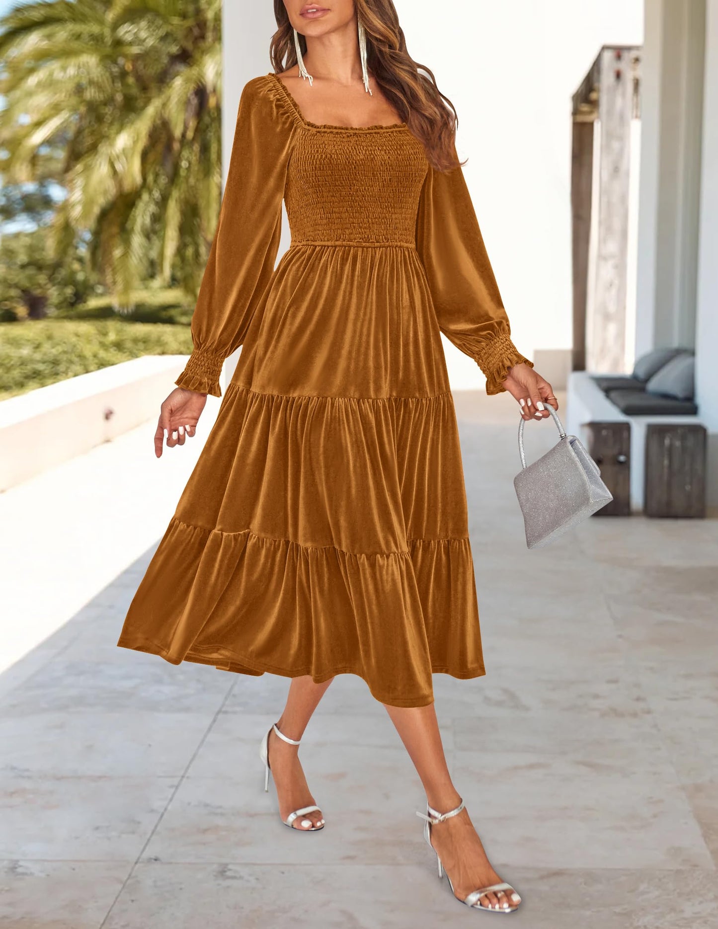 Evening Dress Women’s Velvet Long Sleeve Dresses Square Neck Ruffle A Line Flowy Midi Dress with Pockets Formal Wear Dresses Wedding Guest Dress
